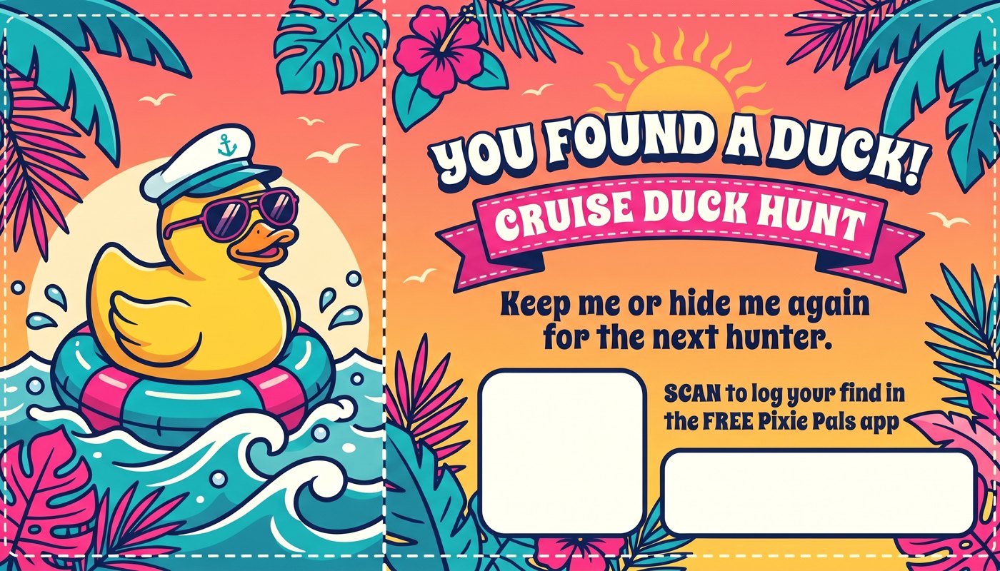 Free printable cruise duck tag, tropical design with a sunglasses duck, 'You found a duck!' and a QR code