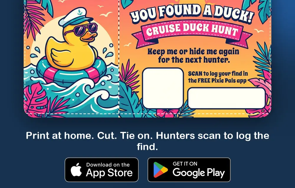 Free Printable Cruise Duck Tags (8 Per Sheet, Ship and Date Filled In, QR Code Included)